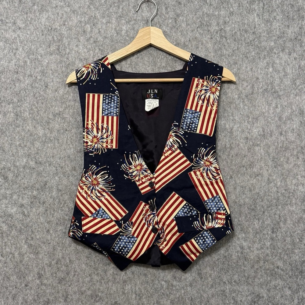 JLN USA Patriotic Vest Women's Small American Flag Fireworks 100% Cotton Made